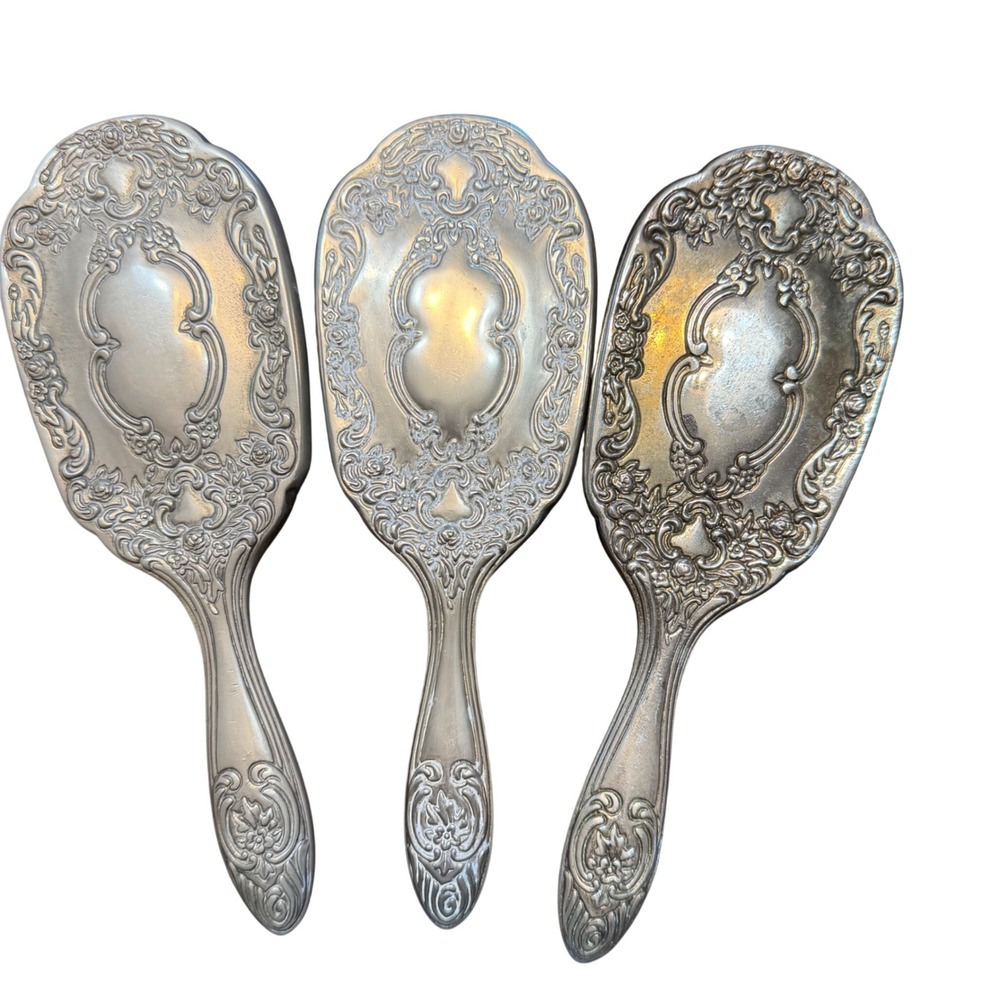 Vintage Ornate Silver Plated Victorian Style Hair Brush and Comb Vanity Set of 4